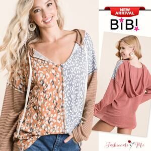 BiBi Popcorn Waffle Knit Printed Color Block Casual Hooded Sweatshirt | Taupe